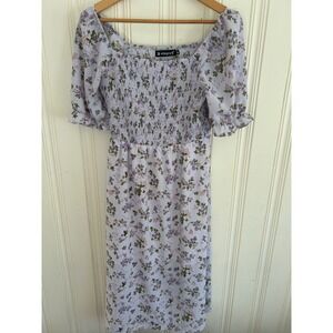 Allegra K Milkmaid Garden Square Neck Smocked Puff Sleeve Floral Midi Dress M